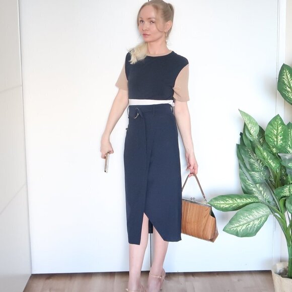 Zarina Smart Navy Blue False Wrap Midi Career Pencil Skirt With Belt S - Picture 11 of 16